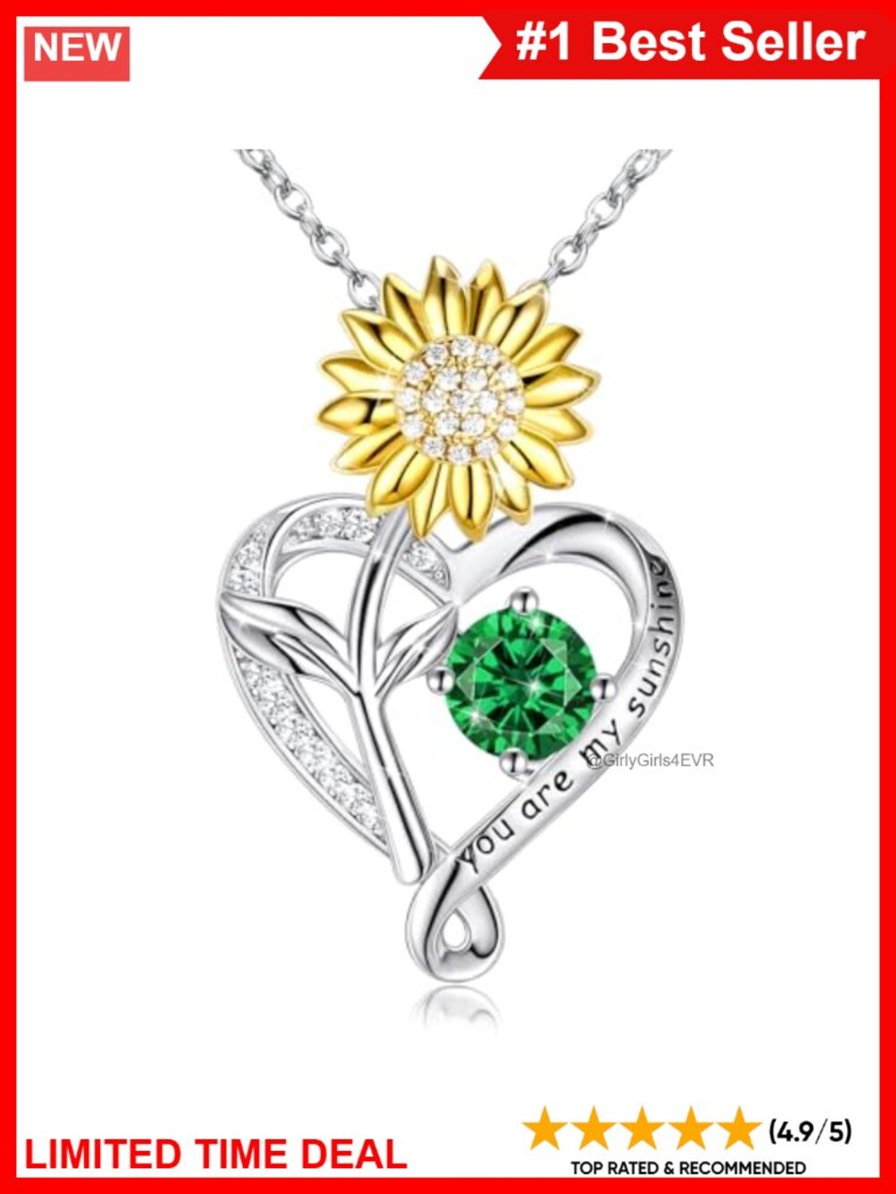 Sterling Silver Sunflower Heart Pendant Necklace You Are My Sunshine